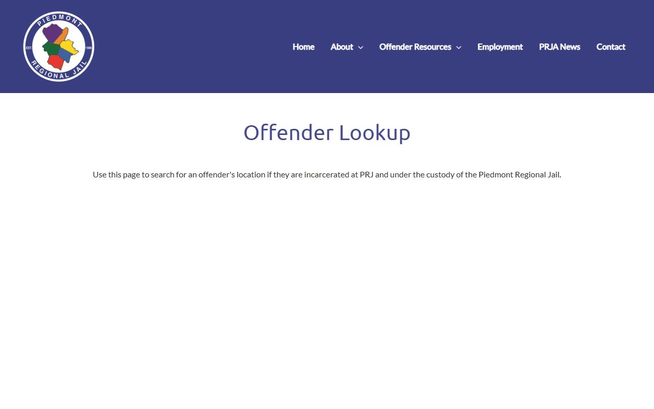 Prince Edward County inmate roster lookup on the Piedmont Regional Jail offender lookup page