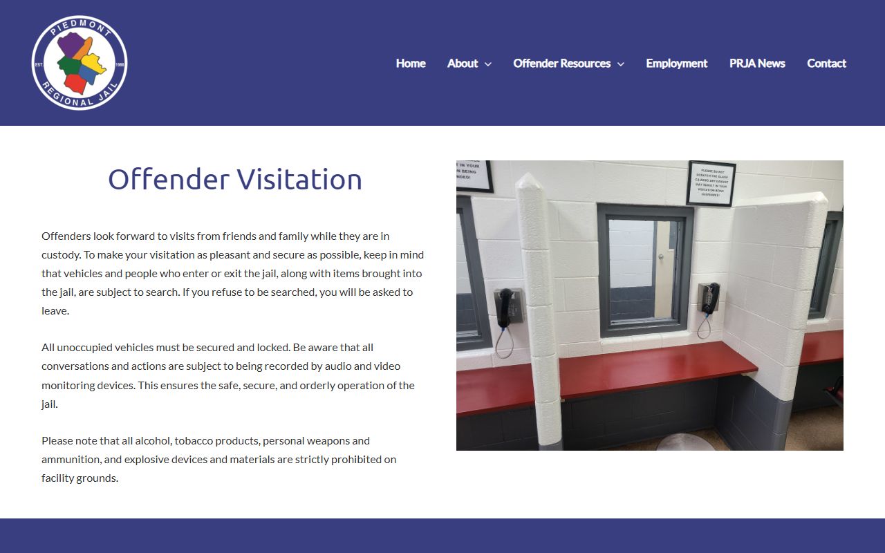 Prince Edward County inmate visitation schedule at Piedmont Regional Jail